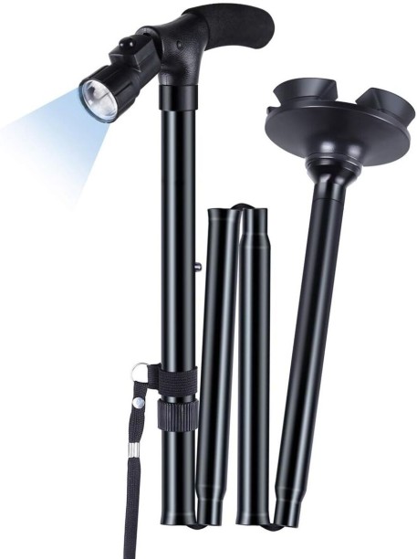 ELCTRO WORLD Folding Cane - Walking Stick for Elderly with LED Light Quad Base T-Handle Walking Stick