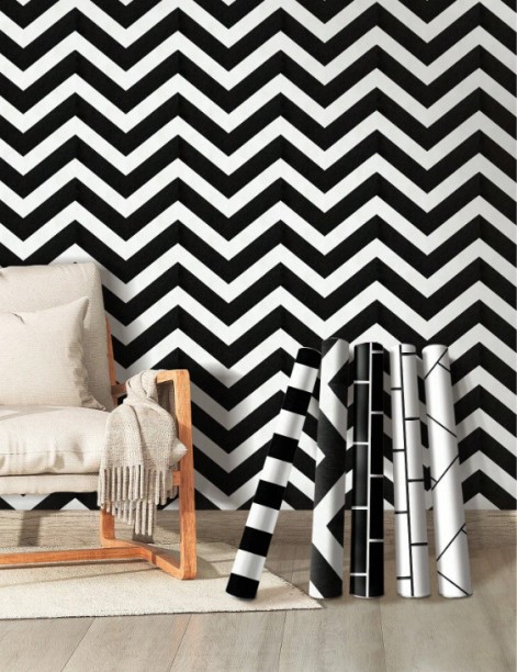Lavish by Tops Herringbone Black & White Striped Pattern Self-Adhesive Wallpaper Classics Black Wallpaper