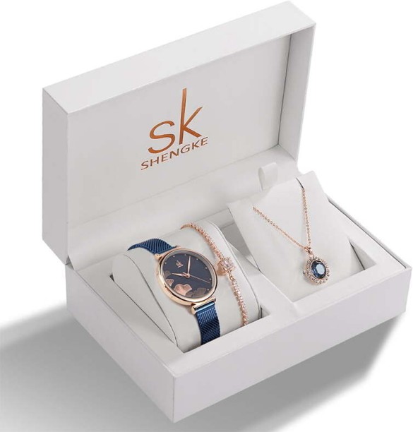 Shengke Jewellery (Bracelet, Necklace & Watch) Blue Analog Watch  - For Women