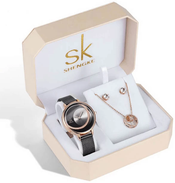 Shengke Jewellery Set (Earrings, Necklace & Watch) Black Analog Watch  - For Women
