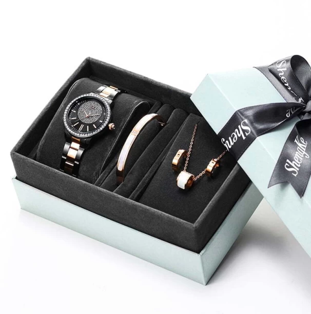 Shengke Jewellery(Earrings, Bracelet & Necklace) Black Analog Watch  - For Women