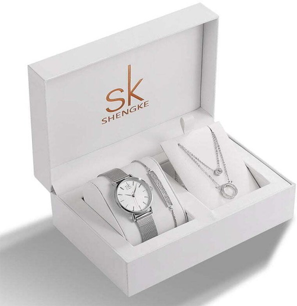 Shengke Jewellery Set (Bracelet, Necklace & Watch) Silver Analog Watch  - For Women