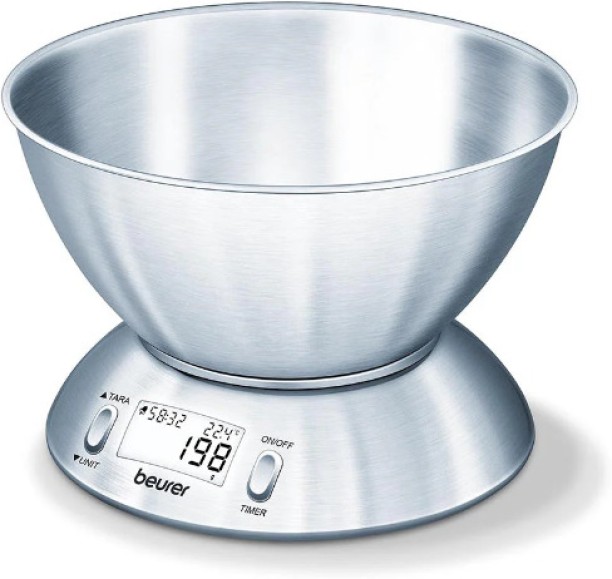 Beurer Germany with 1.5L Dishwasher-Safe Stainless-Steel Bowl, Integrated Room Thermometer & Timer. 5kg capacity. 1g Graduation Digital Kitchen Weighing Scale