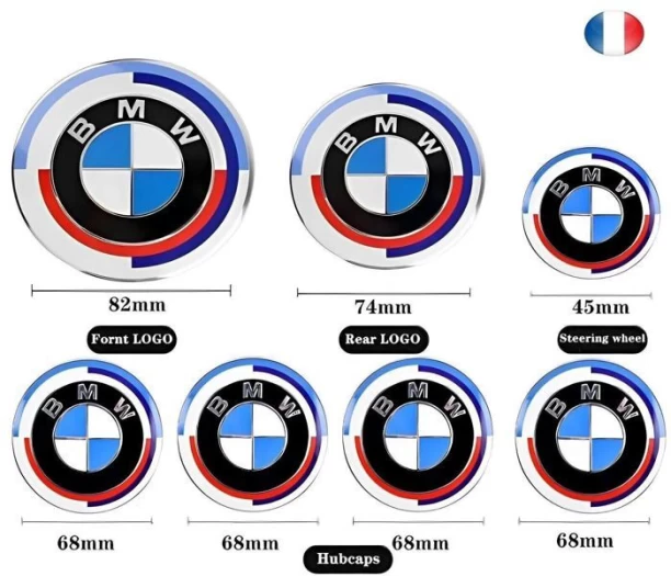 MAX KIT 7 Badge LOGO Emblem BMW 50th Anniversary Edition Hood 82mm + Trunk 74mm + Steering Wheel + 4 X Hub Cap 68mm Vehicle Tool Kit