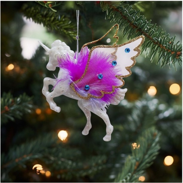 Holiday Time Unicorn With Feather White Hanging Ornaments for  Indoor Use