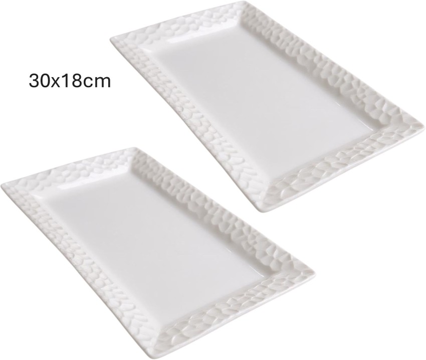 Crockery Centre White Embossed Rectangular Platter – Set of (30x18cm) Tray