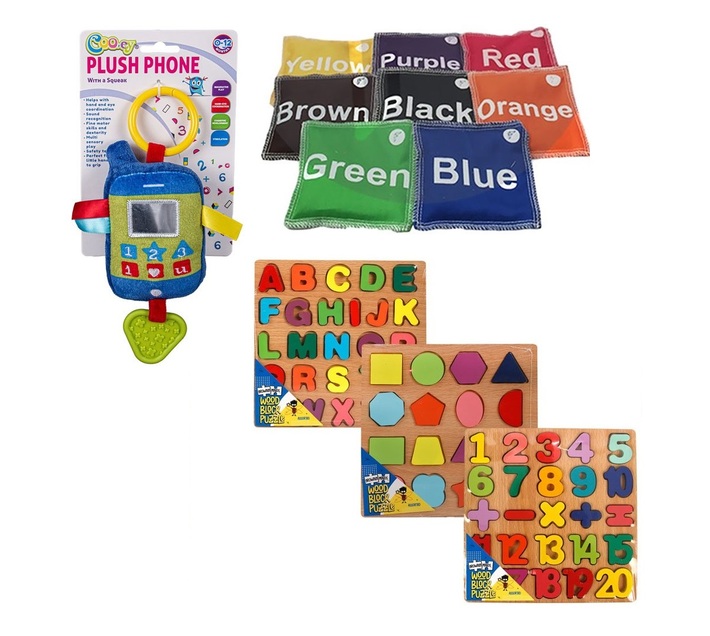 Baby Rattle Phone, Wood Block Puzzles 20x20cm & 8x Colored Bean Bags