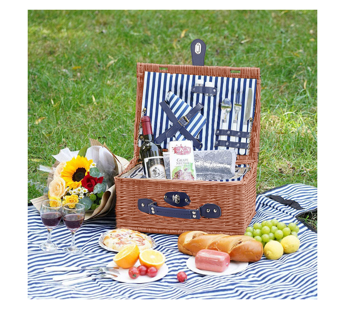 Willow Picnic Basket with Cooler Bag for 2People Blue Lines Design