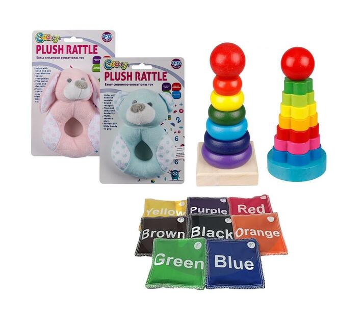 Baby Plush Rattle, Wood Stacking Set 5.9x5.9x14cm & 8x Colored Bean