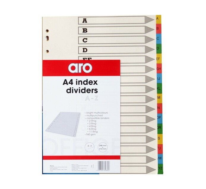ARO A4 Board File Dividers AZ Assorted Brights Filing Indexes File