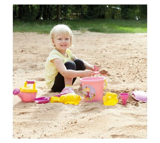 LENA Sandpit Toys Set of 10 including Bucket, Sieve, Rake, Moulds Etc Pink