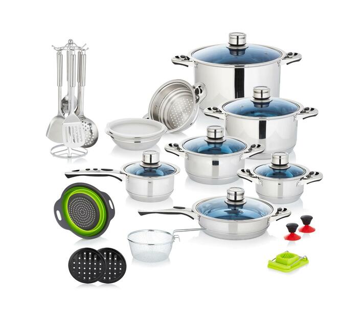 30 Piece Stainless Steel Cookware Pot Set with Glass Lids Heavy Base