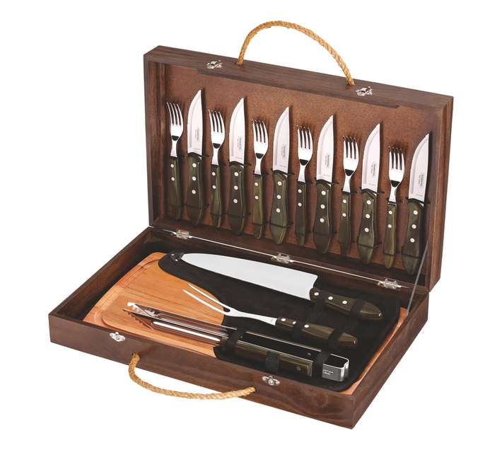 Tramontina barbecue kit with jumbo stainless steel flatware with brown