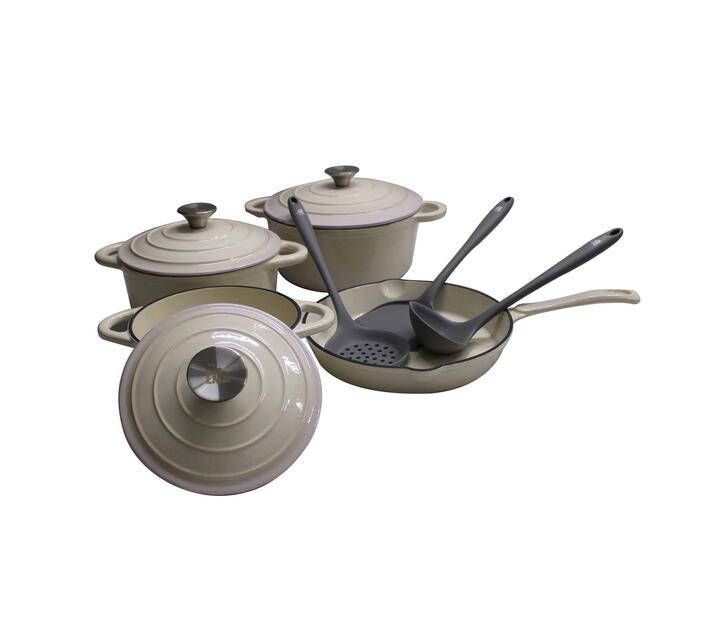LMA Cream 10 Piece CastIron Cookware Pots & Silicone Kitchen Utensil