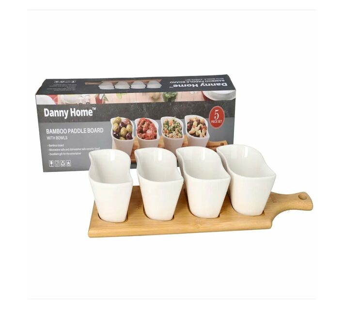 Danny Home Bamboo Paddle Board & Ceramic Bowls Serveware Set 5pcs 40cm Makro