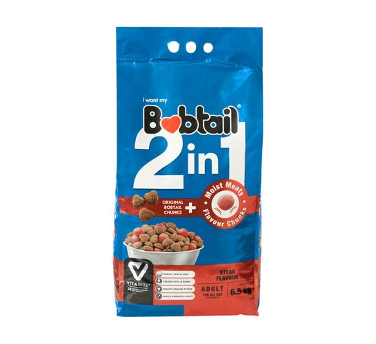 Bobtail 2 IN 1 Adult Dry Dog Food Moist Meaty Steak Chunks (1 x 6.5kg)