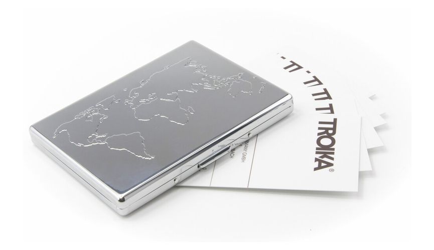 Troika Credit Card Case Business Embossed World Map Silver