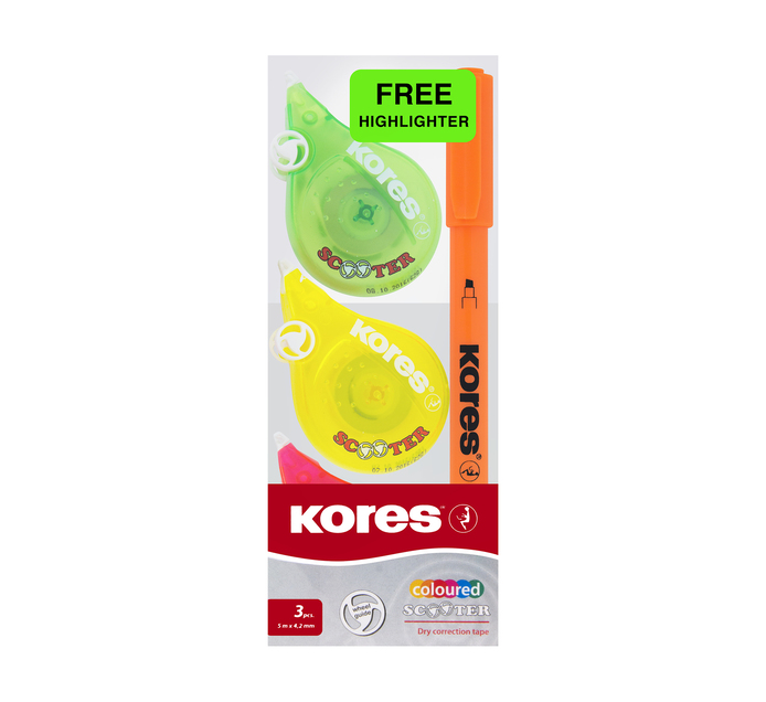 Kores Dry Correction Tape 3 Pack + Highlighter Makro