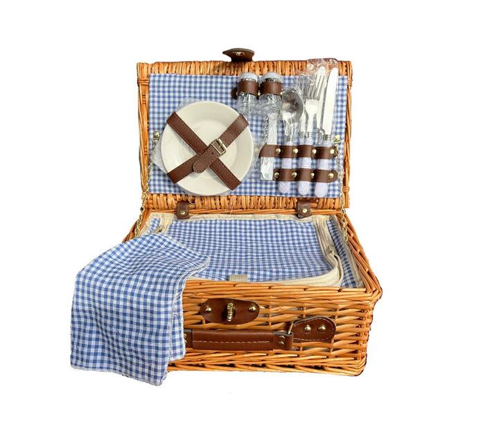 Picnic Basket with Cooler Bag for 2People Blue Checkered Design Makro