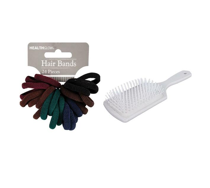Paddle Hair Brush White 24cm + No Joint Hair Band Elastic 24pc Makro