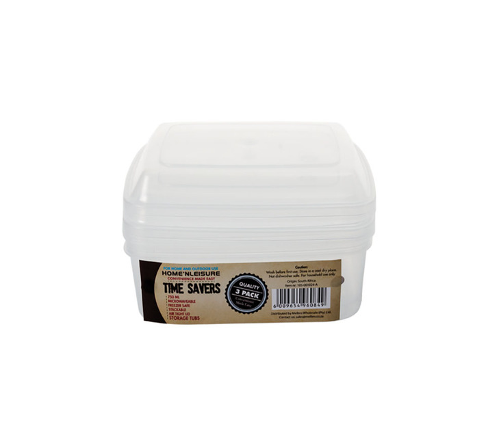 Clear Square Plastic Containers 3Pieces, 750ml Makro