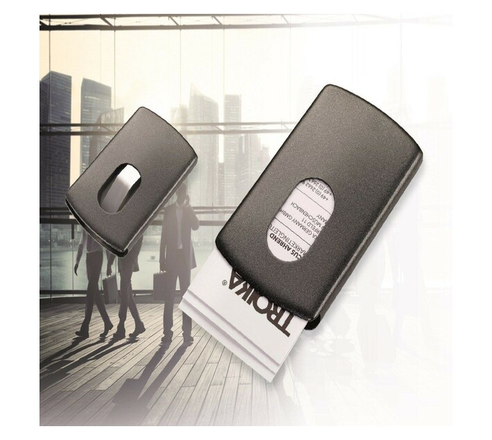 TROIKA SLIDE Business Card Case with Inner Spring Stainless Steel Black Makro
