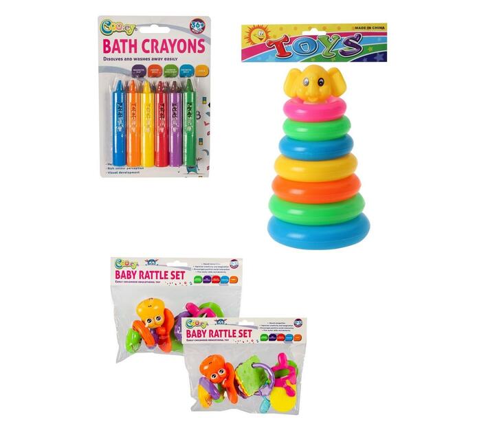 Baby Bath Crayons 6pc, Stacking Set 7 Rings & Rattle Set 5pc Makro