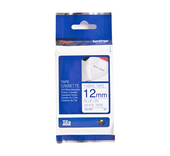 Brother 12 mm x 3 m TZe-FA3 Blue on White Iron-On Fabric Tape 