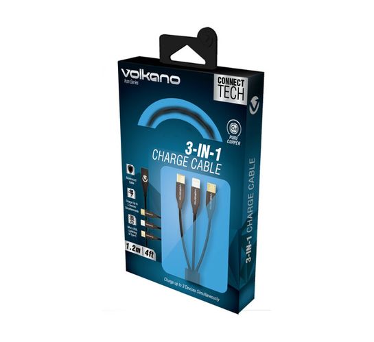Volkano Iron Series 3-In1 1.2m Charge Cable Black VK-20096-BK 