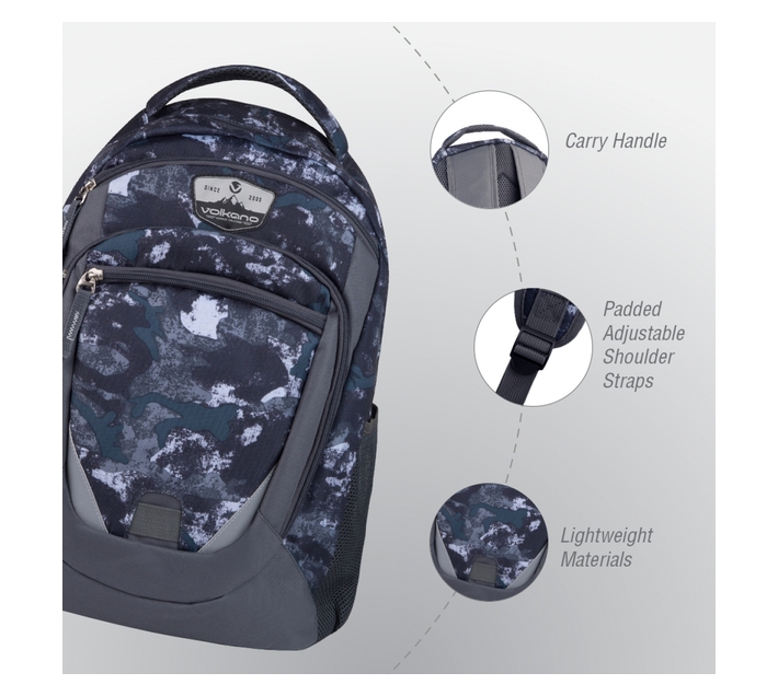 Volkano Champ Series 15.6` Backpack in Smudge Camo with Three Zippered Compartments and Mesh Side Pockets great for water bottles or other essentials