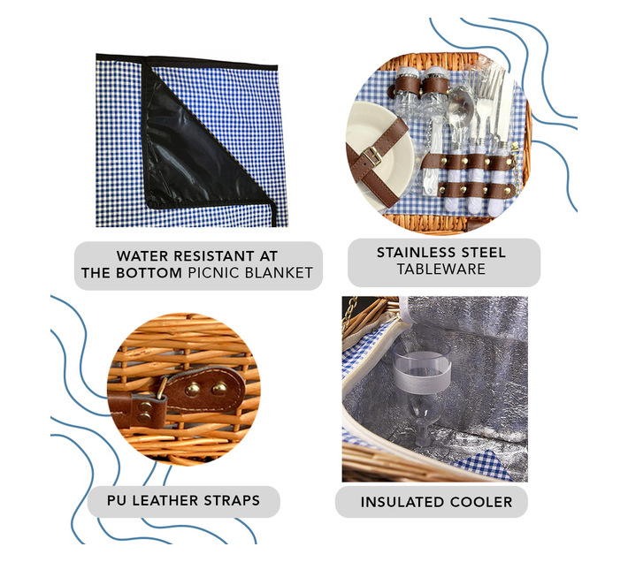 Picnic Basket with Cooler Bag for 2People Blue Checkered Design Makro