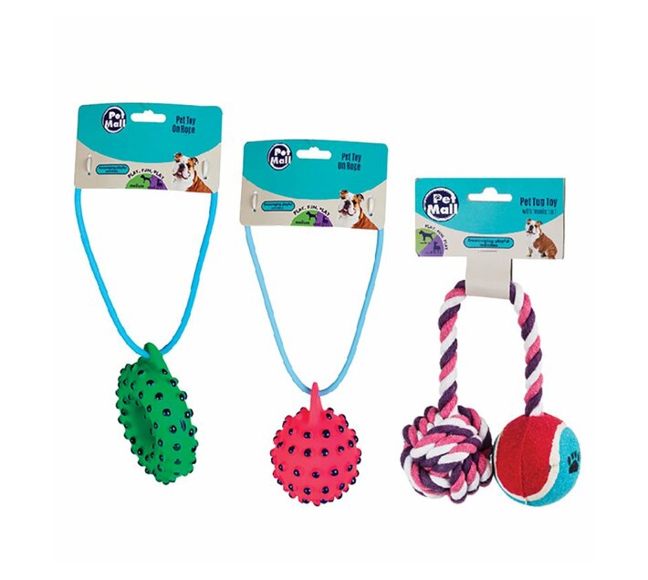Vinyl Dog Toy on Rope Assorted 28cm (Pack of 3)