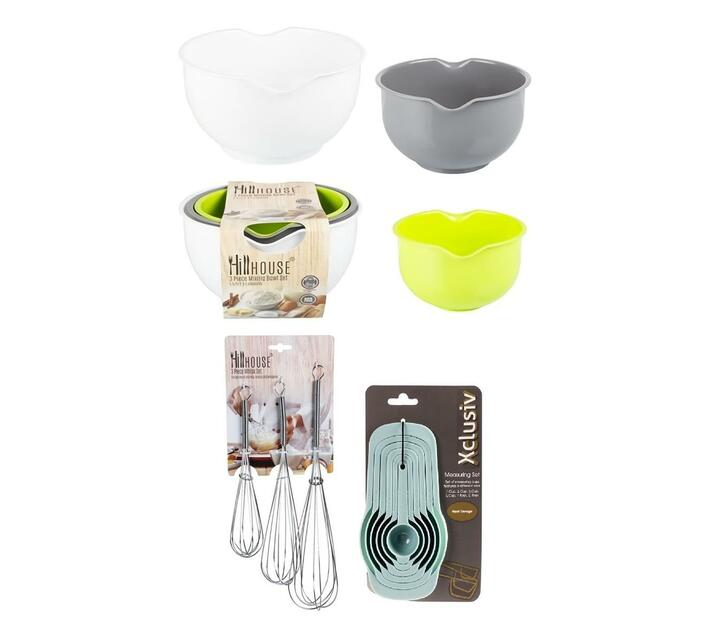Measuring Set 6pc Stackable + 3pc Mixing Bowls Set Plastic 1.5l/2l/2.5l + 3pc Whisk 30, 25