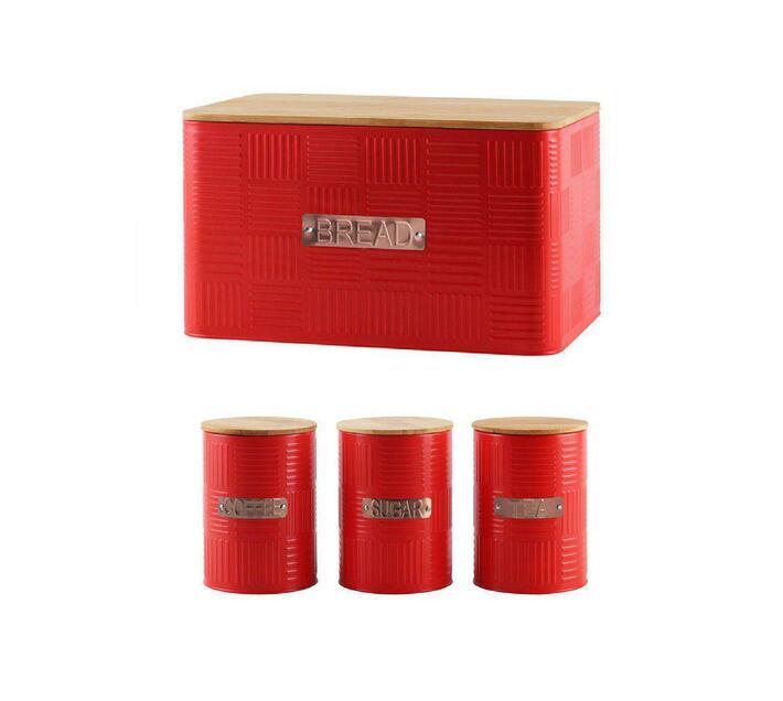 Bamboo Lid Bread Bin And 3 Piece Canister Set Red Makro