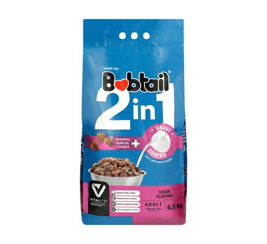Bobtail 2 IN 1 Adult Dry Dog Food Gravy Coated Steak Chunks (1 x 6.5kg)