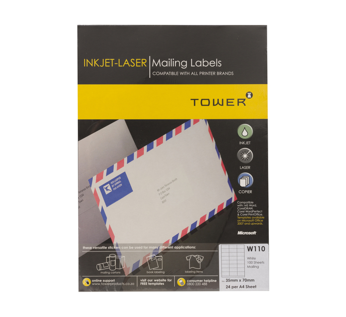 Tower W110 (24up) 35 x 70 mm Mailing Inkjet-Laser Labels 100 Sheets White 