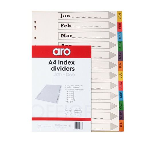 ARO A4 Board File Dividers Jan-Dec Assorted Brights 
