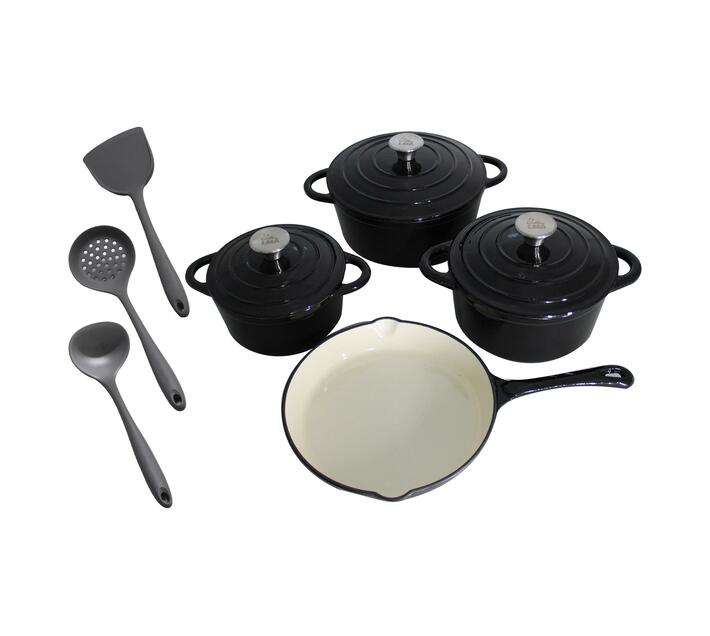 LMA 10 Piece Black CastIron Cookware Pots and Silicone Kitchen Utensil