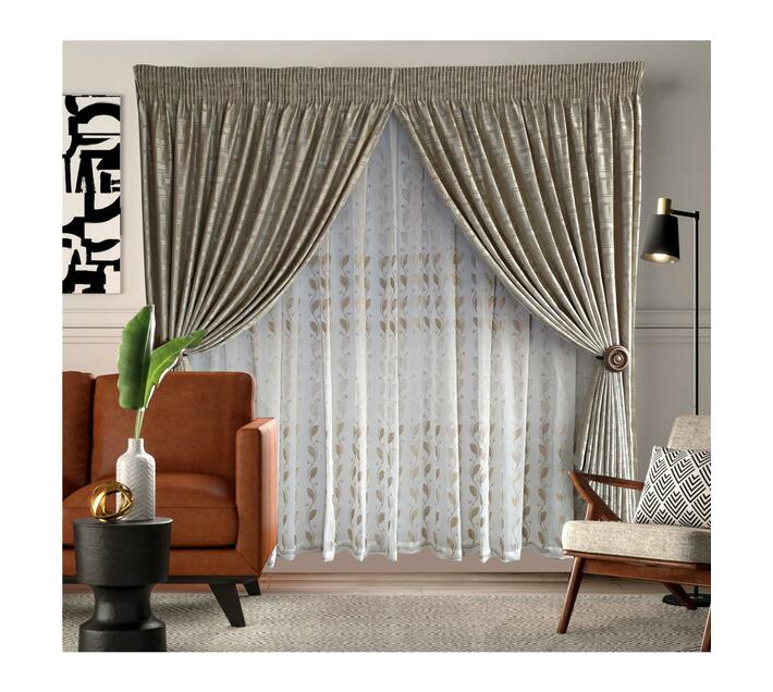 Curtain Set (5m Checkmate Fawn) + (5m 1805 Linen Embroidered Voile
