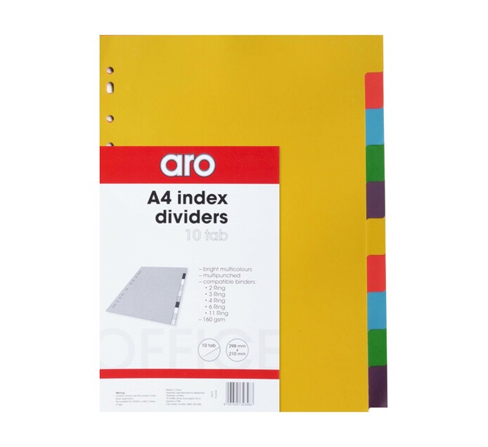 ARO A4 Board File Dividers 10-Tab Assorted Brights 