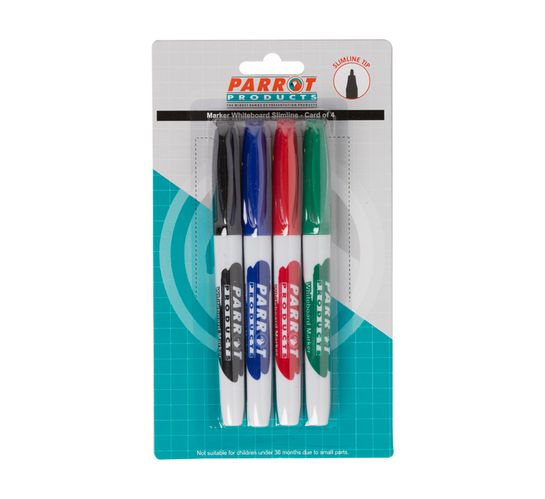 Parrot Slimline Whiteboard Markers Assorted 4-Pack 
