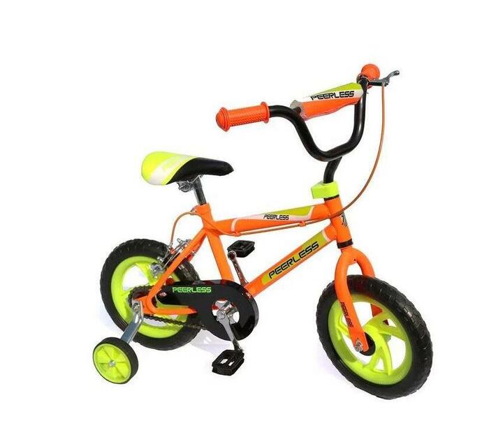 orange bike with training wheels