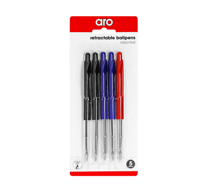 ARO Retractable Medium Ballpoint Pen (5 Pack) Assorted 