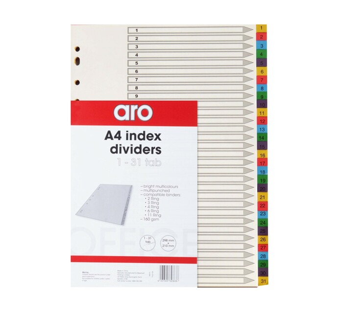ARO A4 Board File Dividers 31-Tab Assorted Brights 