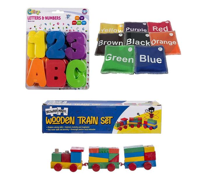 Baby Bath Foam Letters & Numbers 36pc, Wooden Train 34cm & 8x Colored