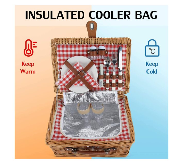 Picnic Basket with Cooler Bag for 2People Red Checkered Design Makro