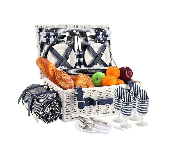Picnic Basket with Foldable Picnic Blanket for 4Person Navy Lines