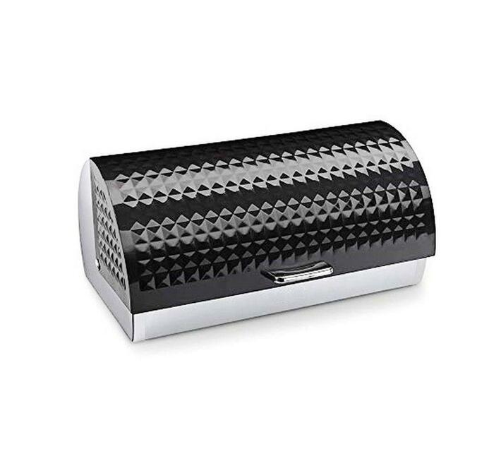 Dimensions Black Roll Top Bread Bin with Shiny Steel Body Makro