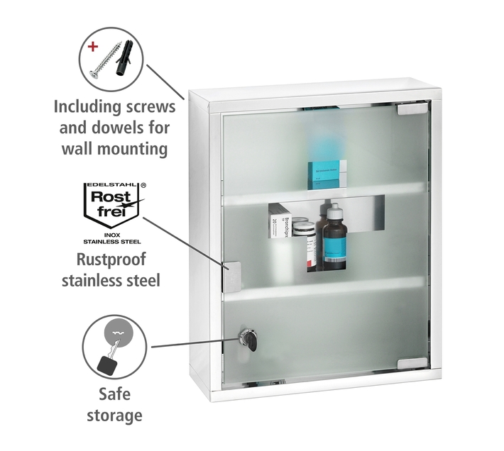 WENKO MEDICINE LOCKABLE STAINLESS STEEL & GLASS 12 x 30 x